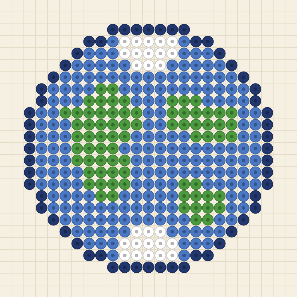 Round bead pattern of a world globe with cornflower oceans, leaf green land masses and white ice caps at both poles