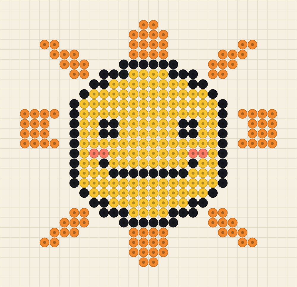 Bead pattern chart of a round yellow sun face ringed by eight tangerine rays