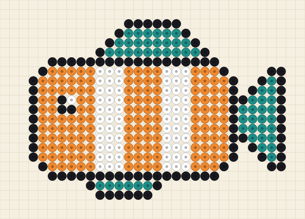 Bead chart of a tangerine reef fish with two white body stripes and teal fins