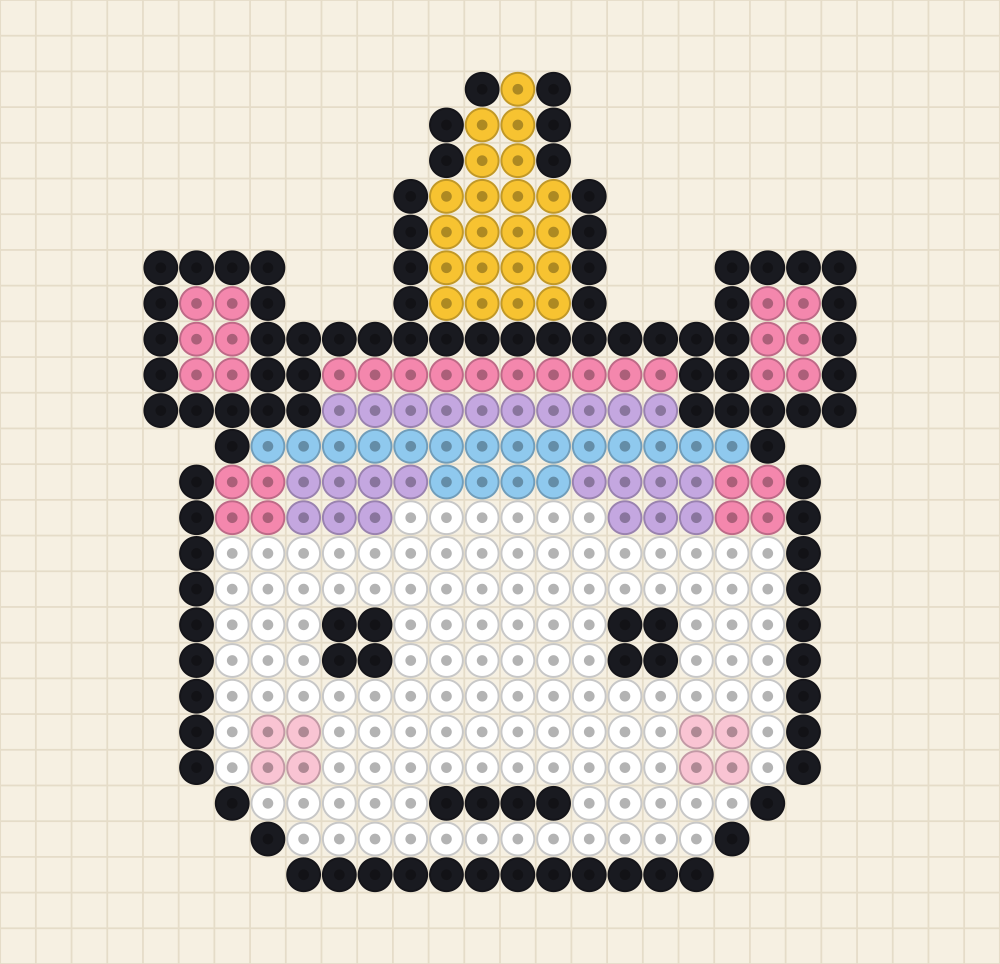 Bead pattern chart of a front facing unicorn head with a yellow horn and a pink, lilac and blue mane