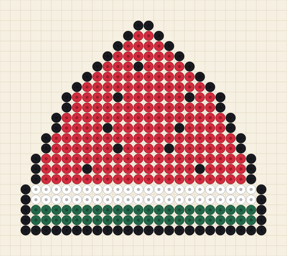 Bead pattern chart of a triangular watermelon wedge with black pips and a white and green rind