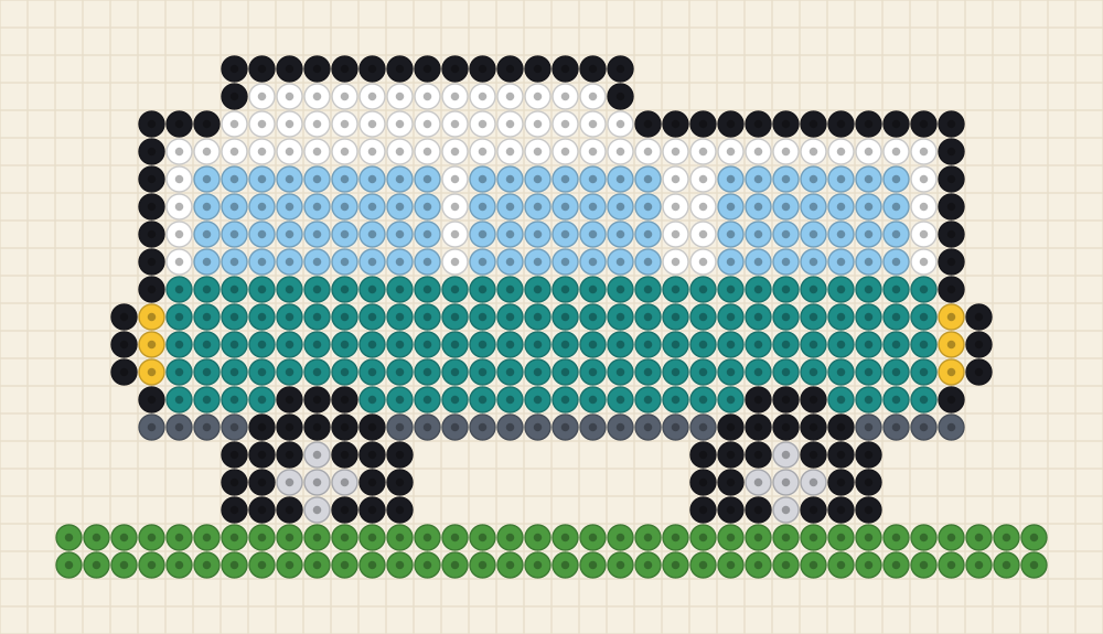 Wide perler bead chart of a camper van with a white pop top roof, a teal lower body, three windows and two black wheels