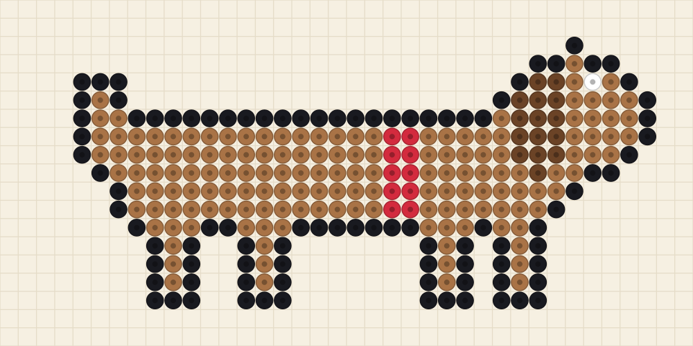 Wide perler bead chart of a long toffee sausage dog on four short legs with a chocolate ear and a cherry red collar
