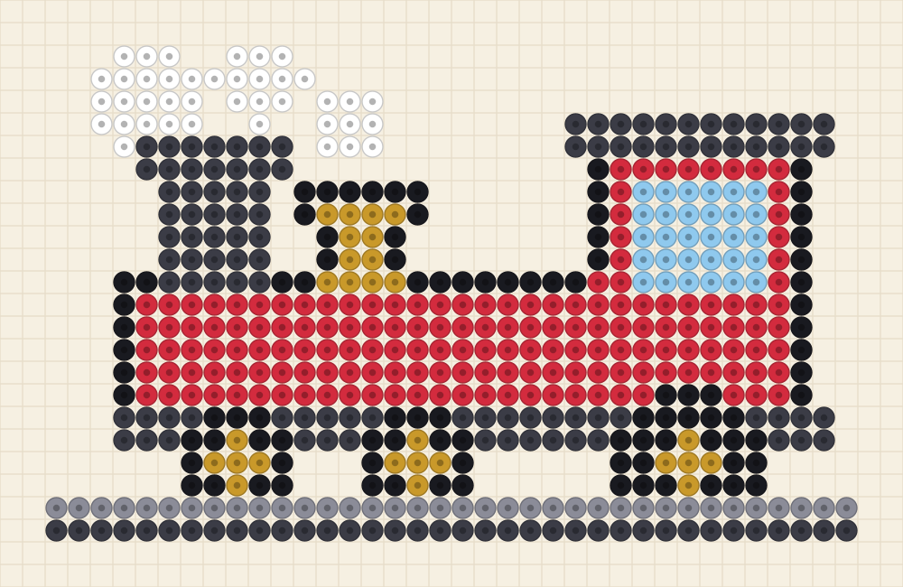 Wide perler bead chart of a cherry red steam locomotive with a funnel, a mustard dome, a cab window and three wheels on track