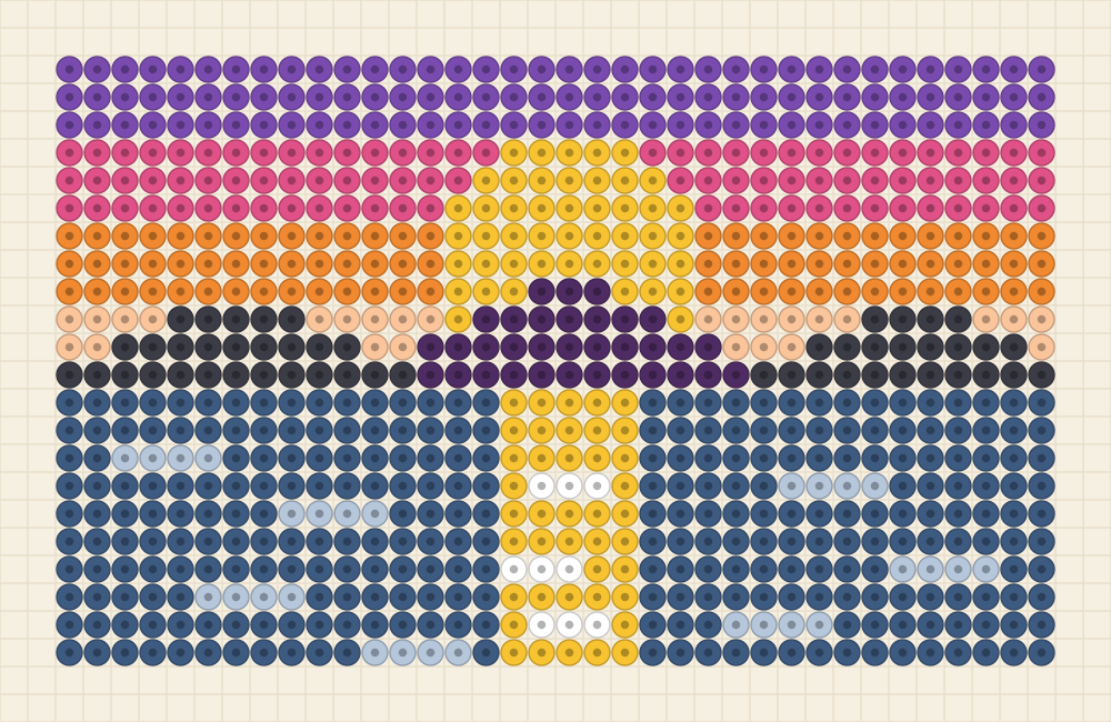 Wide bead pattern of a sunset over water with a grape sky, a sunflower sun behind a plum headland and a golden path on the sea