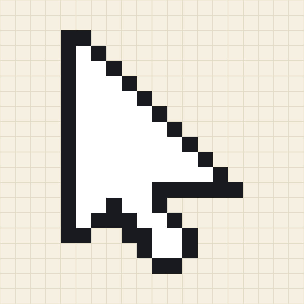 Pixel art chart of a white mouse pointer arrow with a one square black outline and a notched tail on a 16 by 16 grid