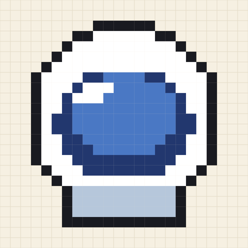 Pixel art template of a white space helmet with a navy rimmed visor, a cornflower reflection and a silver neck ring
