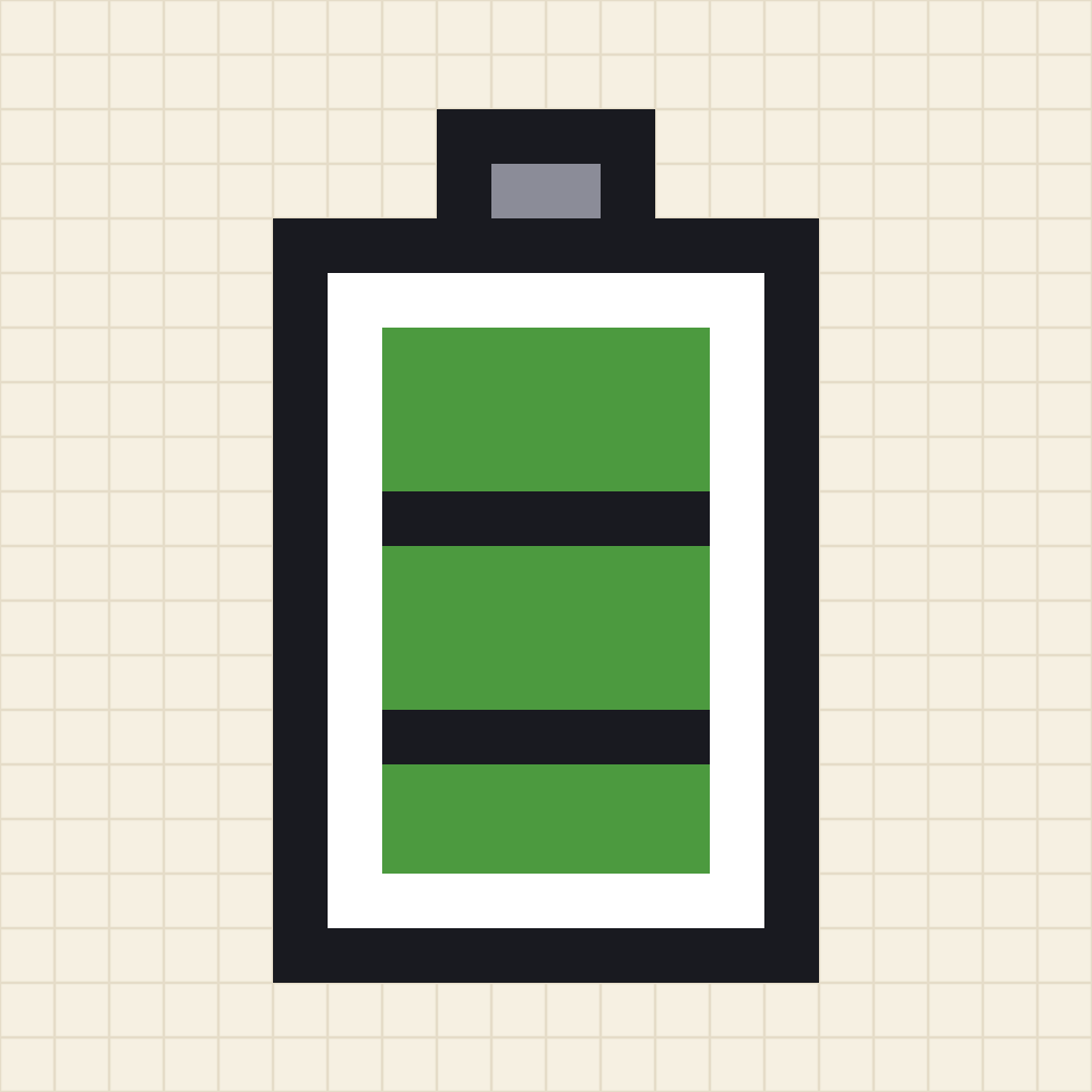 Pixel art template of an upright battery with a small terminal on top and three leaf green charge bars inside a white case