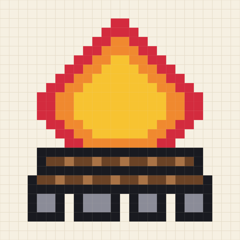 Pixel art chart of a campfire with a yellow core, orange and red flames over stacked logs