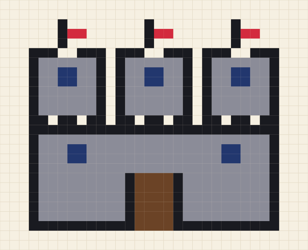 Pixel art chart of a stone castle with three flagged towers, battlements and an arched gate
