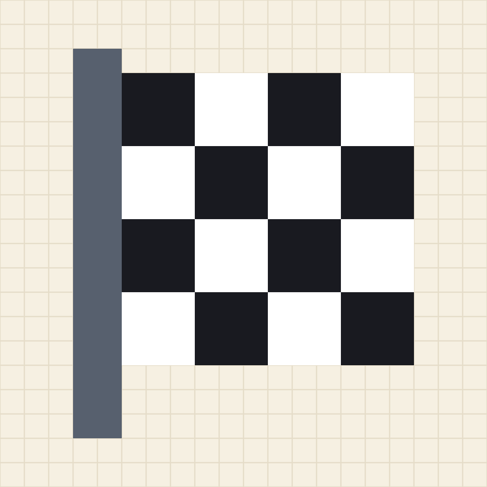 Pixel art template of a chequered racing flag in black and white blocks of three squares on a slate grey pole