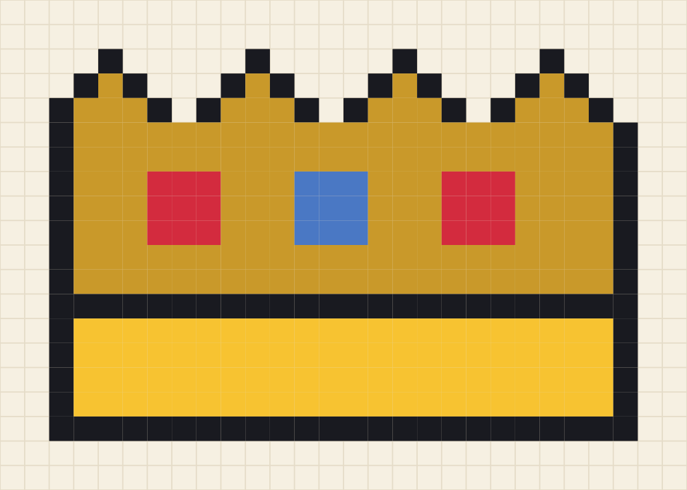Pixel grid of a four point gold crown set with alternating ruby and sapphire stones