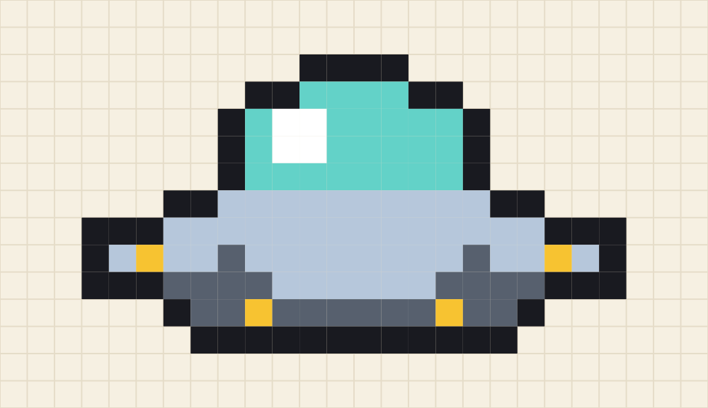 Pixel art template of a flying saucer with an aqua glass dome, a silver hull and four sunflower lights around the rim
