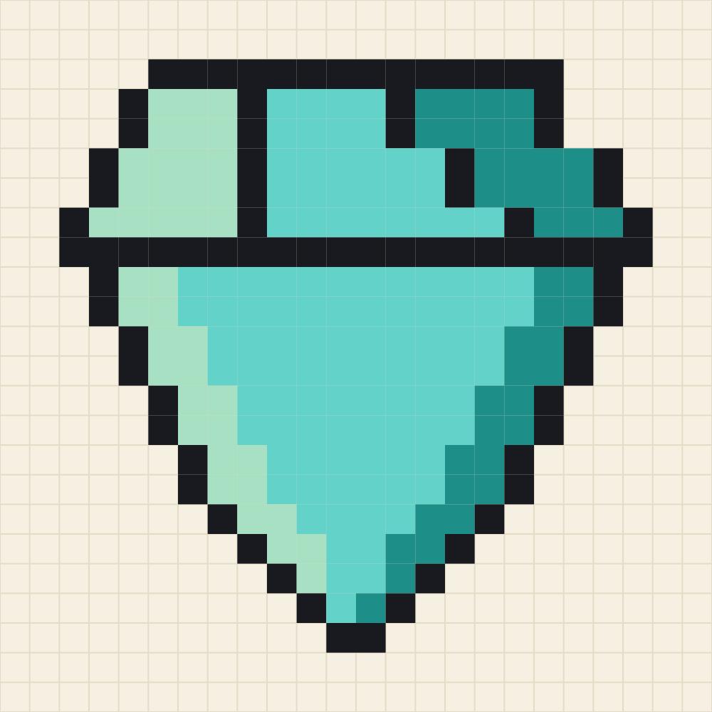 Pixel grid of a cut teal gem with a flat table, crown facets and a pointed pavilion