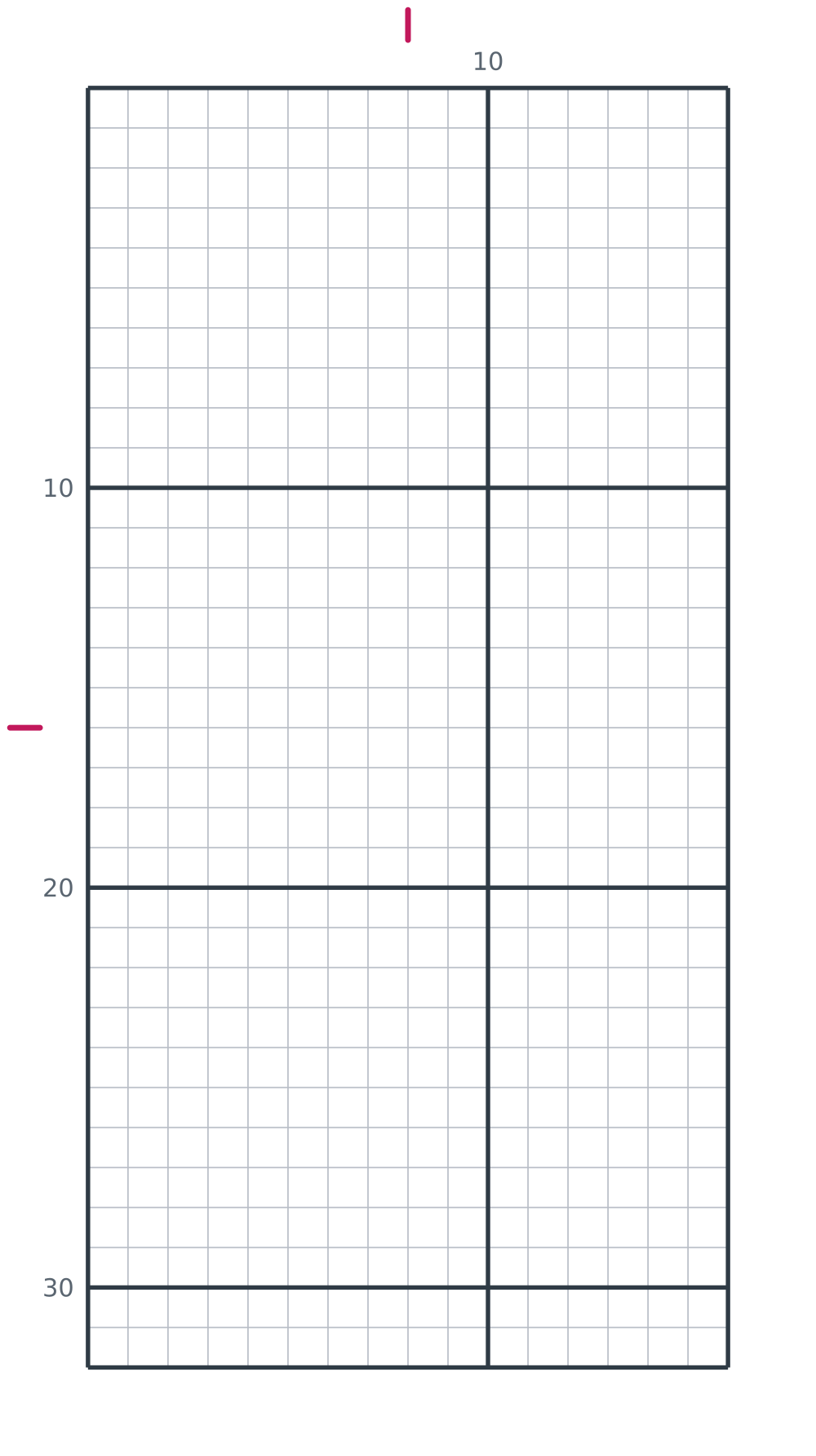 Printable blank 16 by 32 pixel art grid, a two to one tall sprite canvas, with heavy counting lines every ten squares and numbered edges