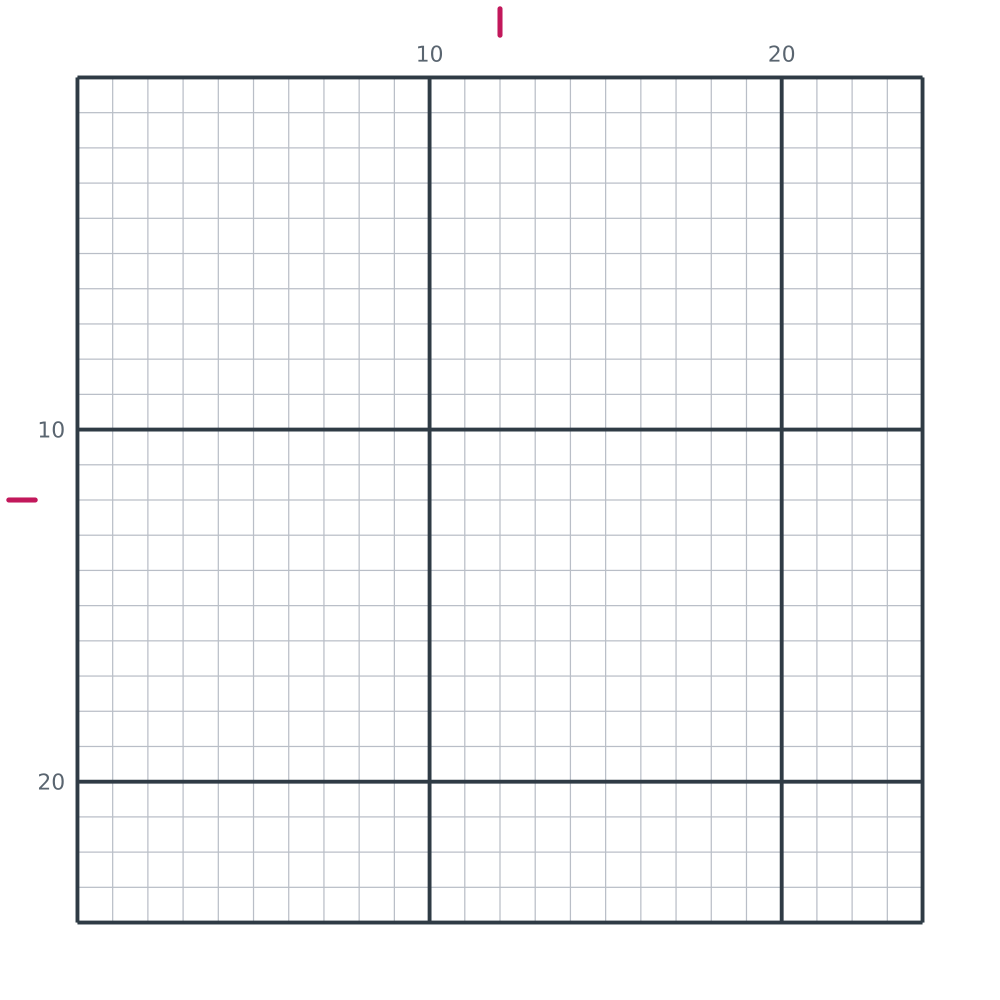 Printable blank 24 by 24 pixel art grid with counting lines every ten squares