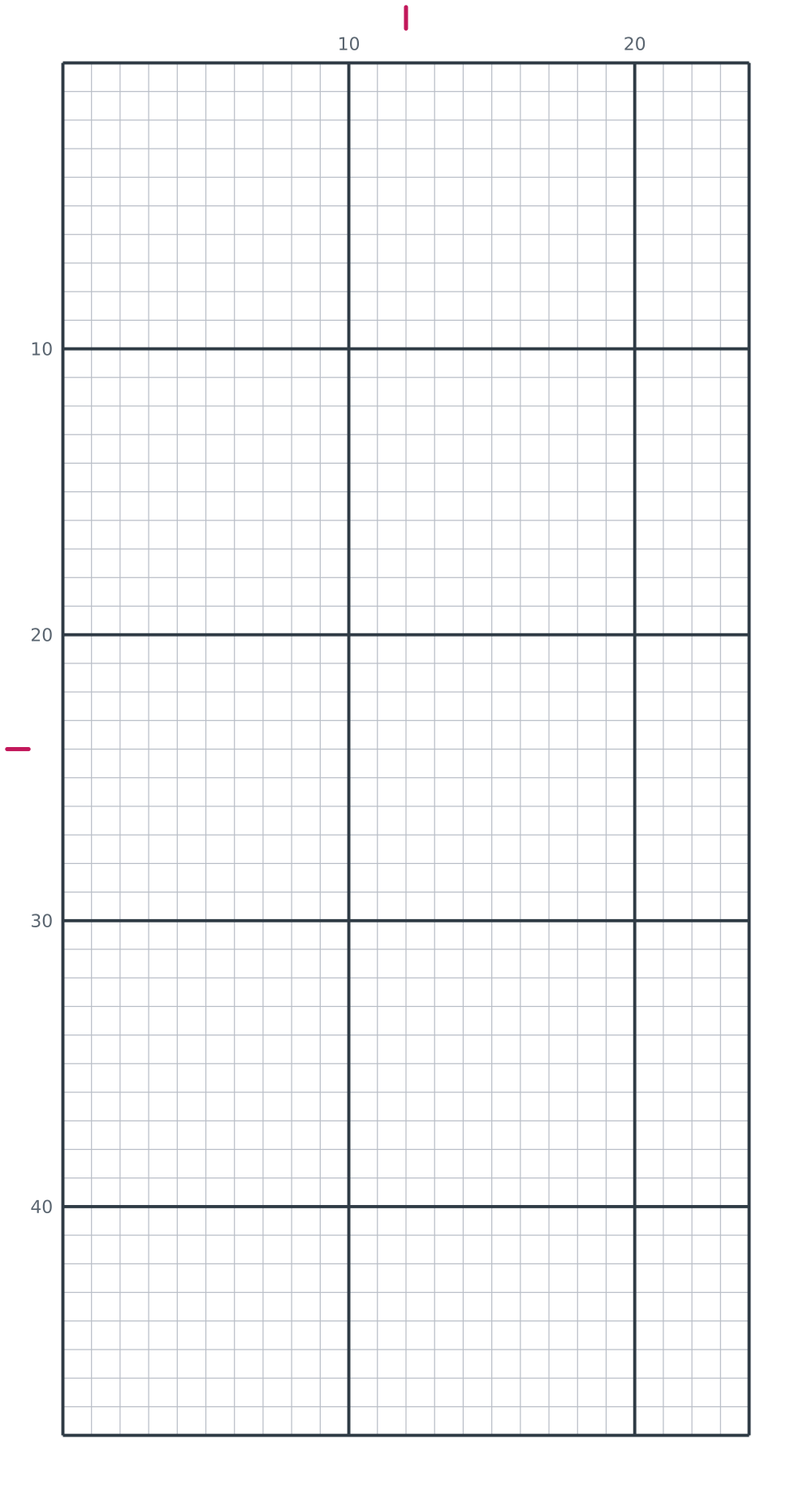 Printable blank 24 by 48 pixel art grid, a portrait scene canvas, with heavy counting lines every ten squares and numbered edges