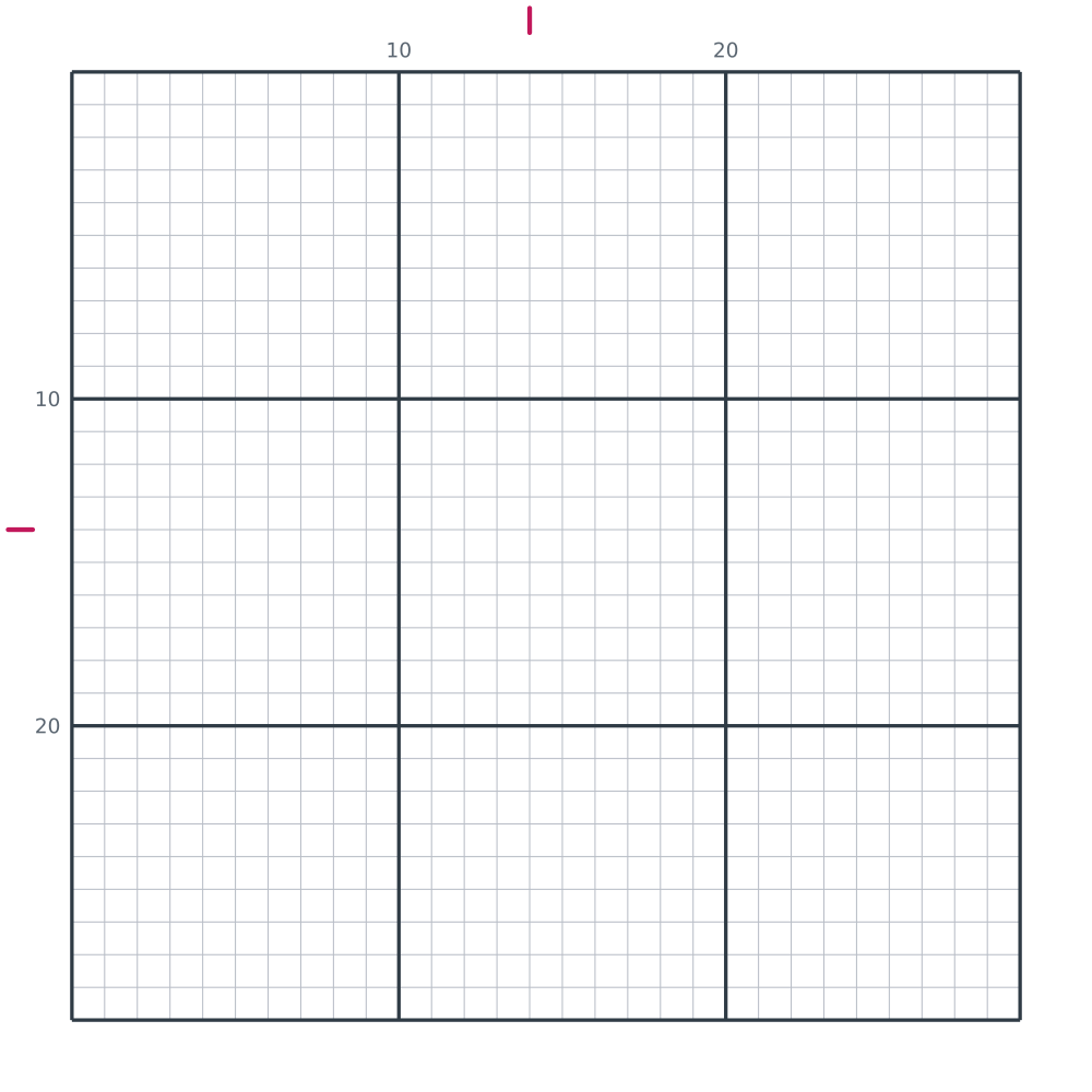 Printable blank 29 by 29 pixel art grid, a canvas the size of a standard bead pegboard, with heavy counting lines every ten squares and numbered edges