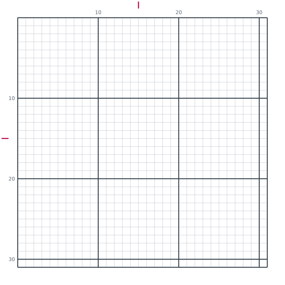 Printable blank 31 by 31 pixel art grid, the largest odd canvas with a true centre square, with heavy counting lines every ten squares and numbered edges