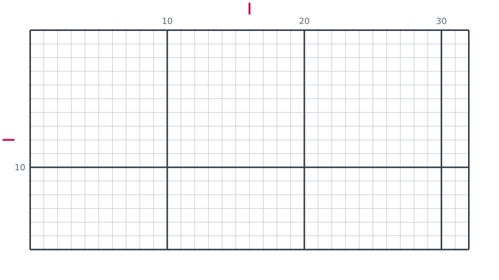 Printable blank 32 by 16 pixel art grid, a two to one landscape canvas, with heavy counting lines every ten squares and numbered edges