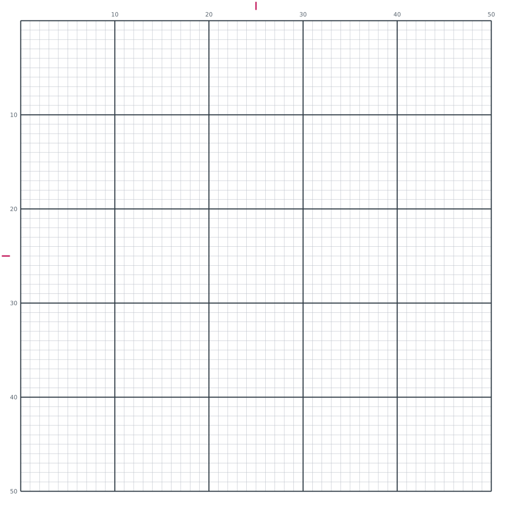 Printable blank 50 by 50 pixel art grid with counting lines every ten squares