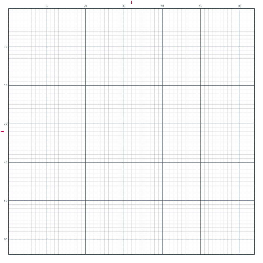 Printable blank 64 by 64 pixel art grid, the largest square canvas on the page, with heavy counting lines every ten squares and numbered edges