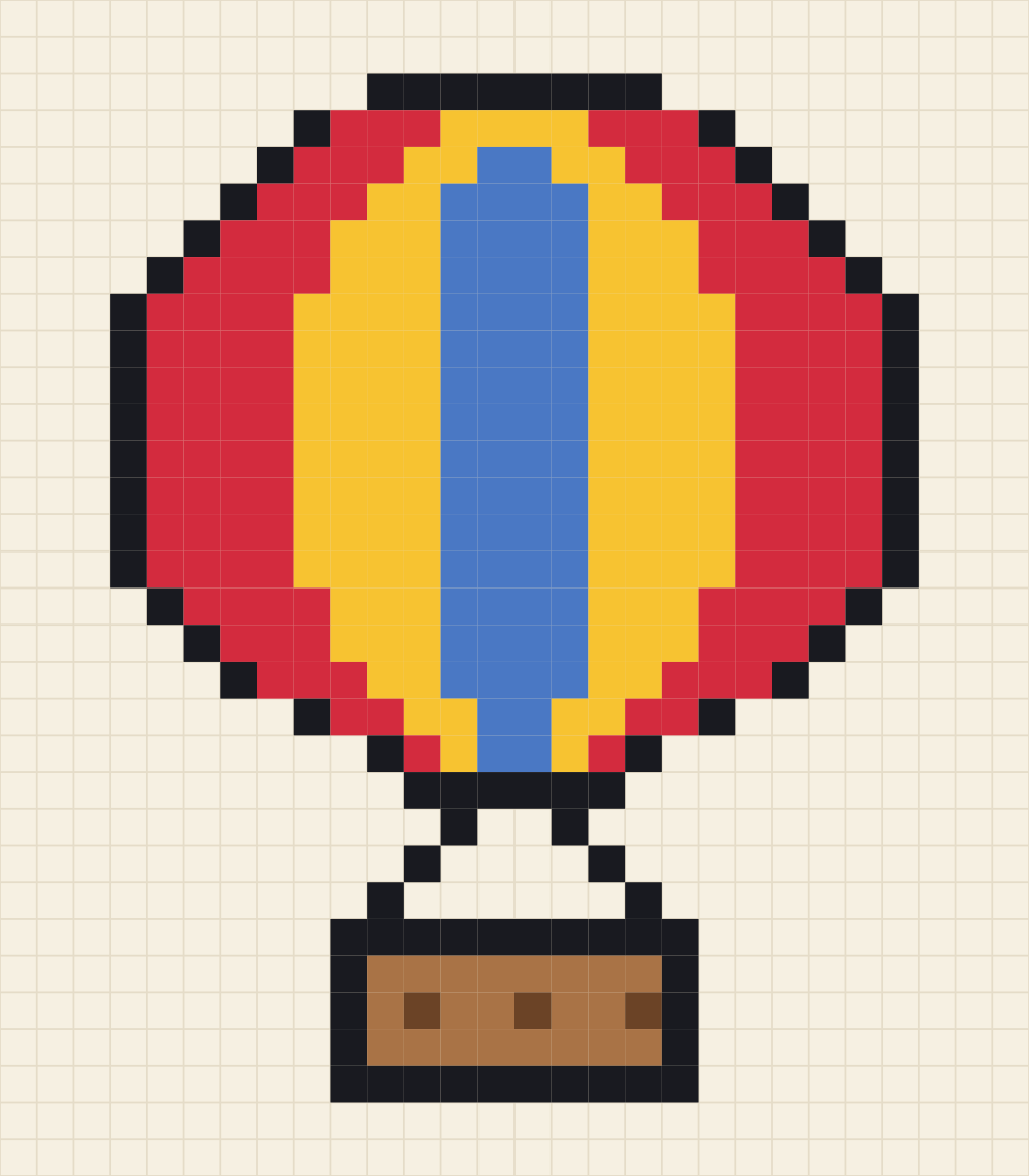 Pixel grid of a striped hot air balloon envelope above a wicker basket on three ropes