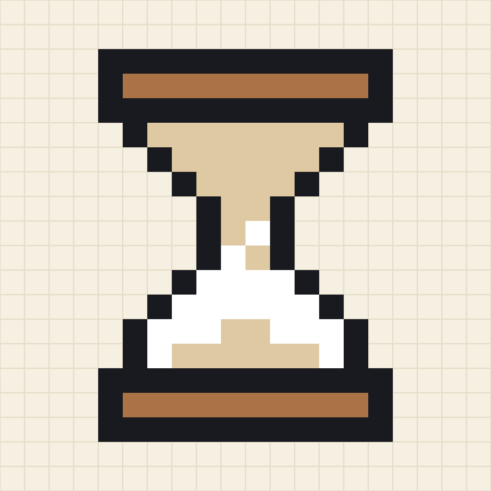 Pixel art template of an hourglass in a toffee frame with sand in the upper bulb and two grains falling through the neck