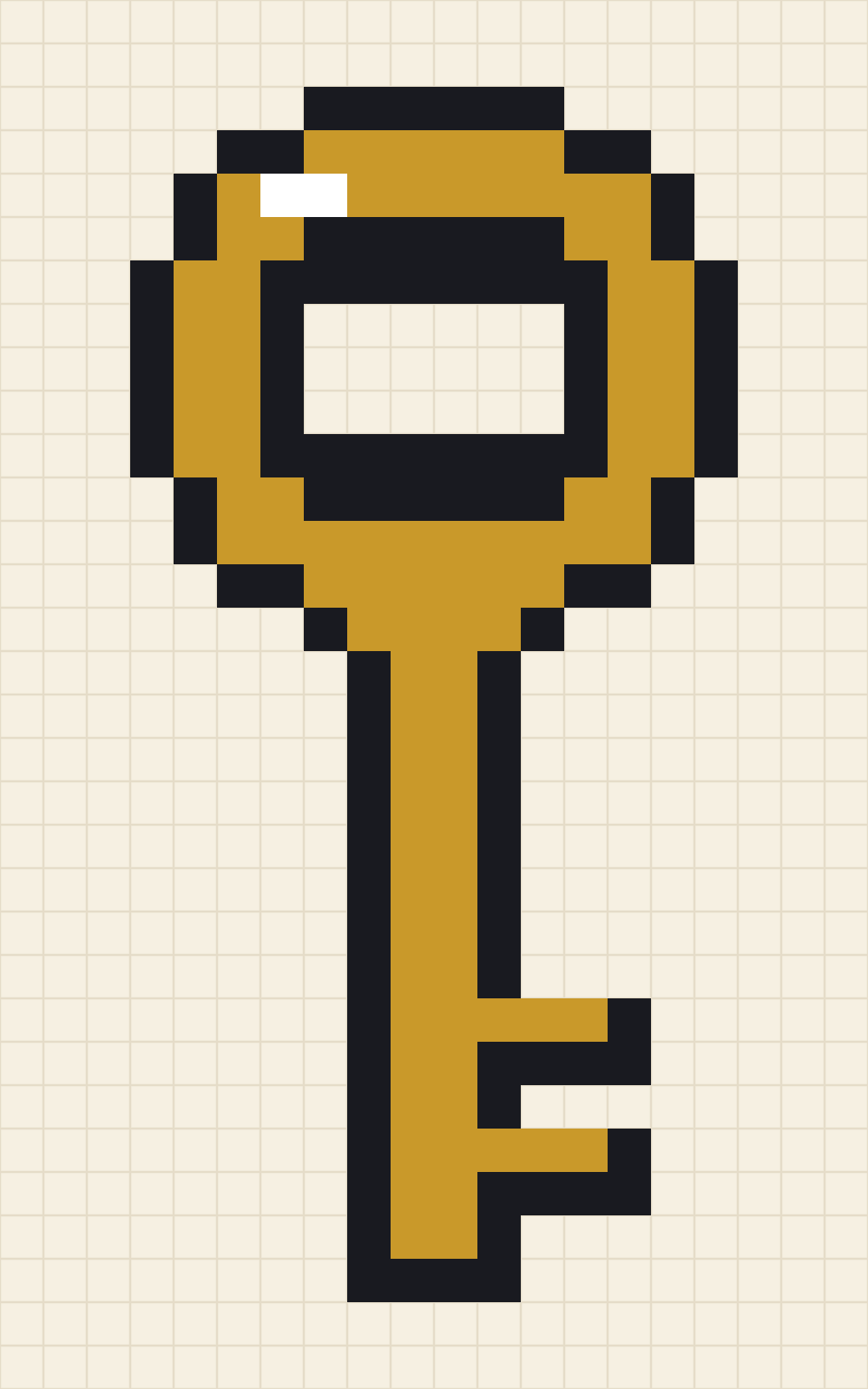 Pixel art chart of an old gold key with a round ring bow and two cut teeth