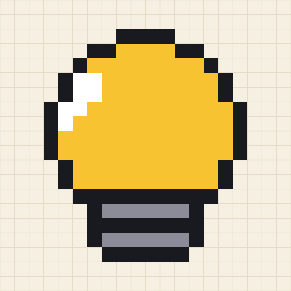 Pixel art chart of a round light bulb with sunflower yellow glass, a white shine down the left side and a grey screw base