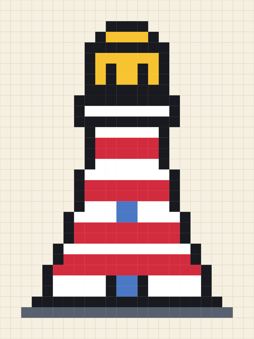 Pixel art chart of a red and white banded lighthouse with a glazed lamp room and a blue door