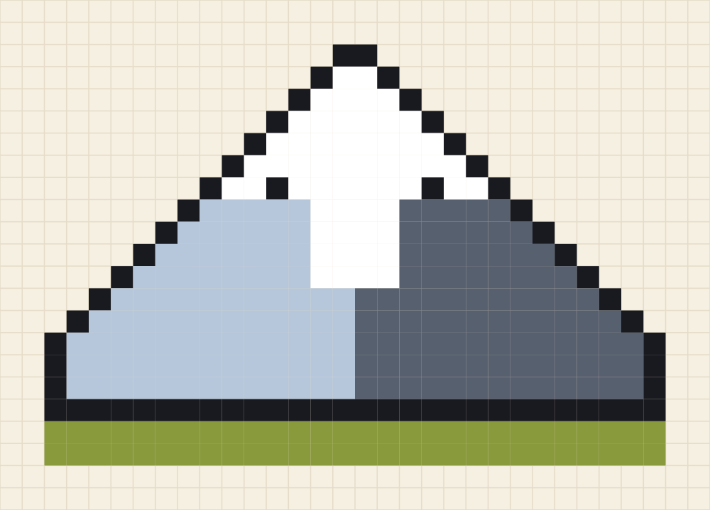 Pixel art chart of a snow capped mountain with a lit left face and a shadowed right face
