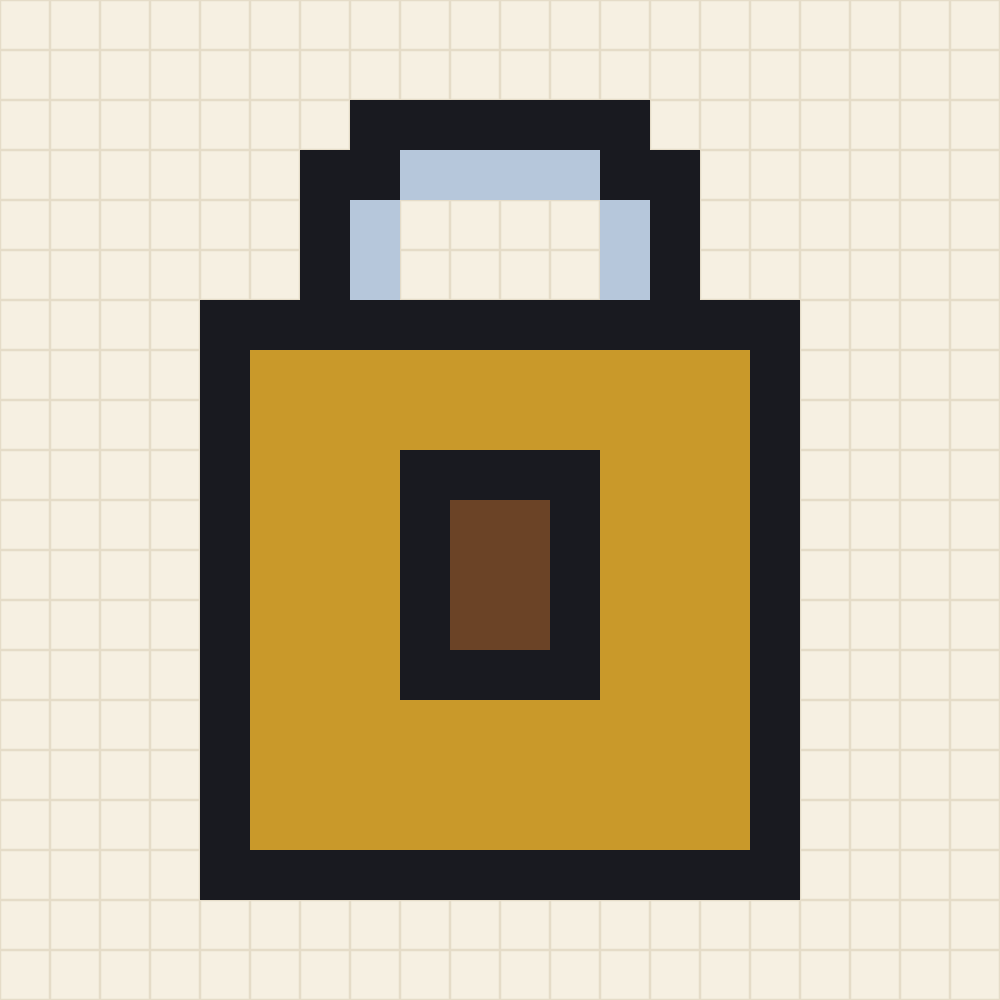 Pixel art chart of a closed padlock with a silver blue shackle, a mustard body and a dark keyhole at its centre