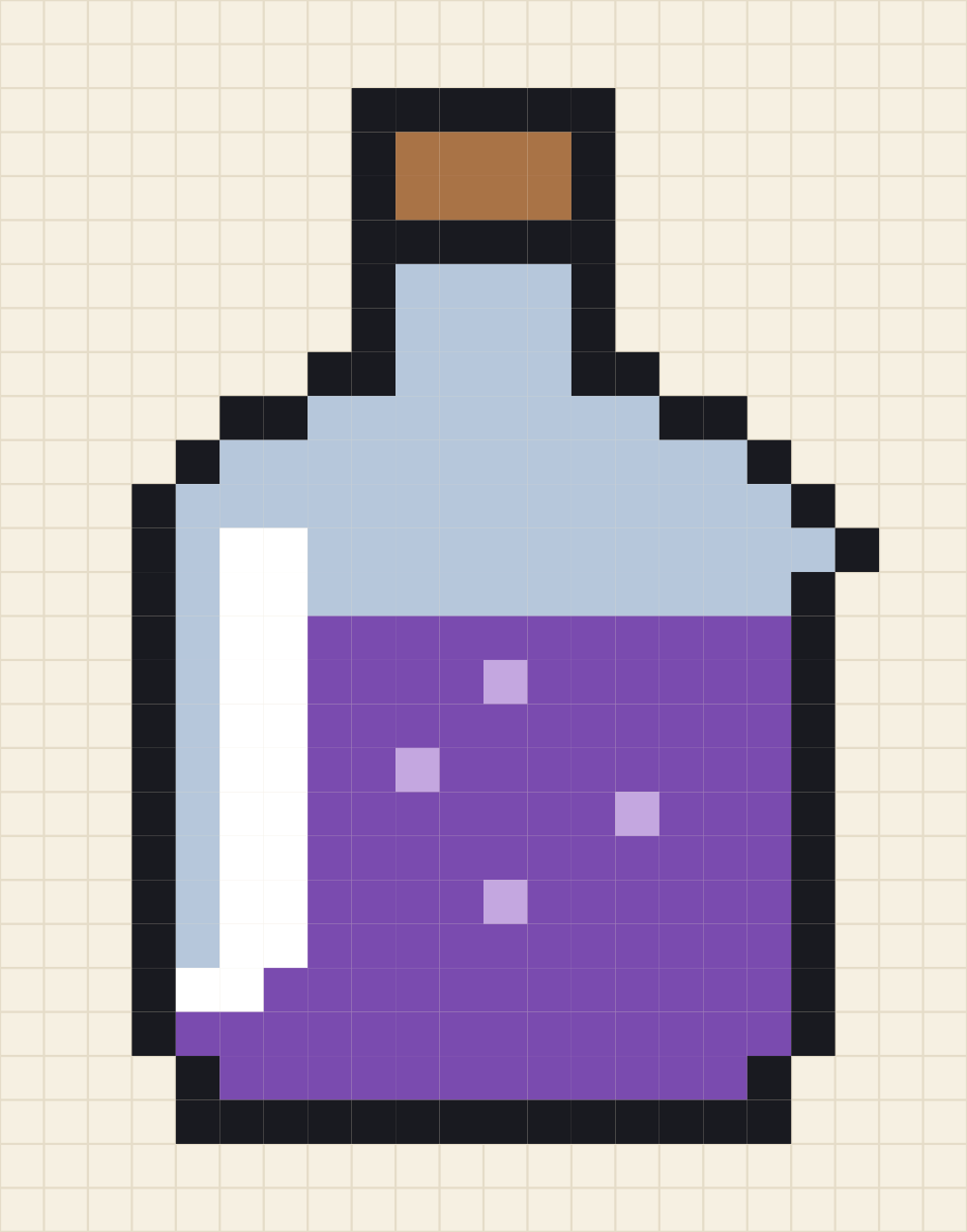 Pixel art chart of a round glass flask half full of purple potion with a cork stopper