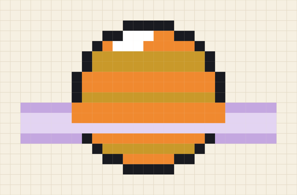 Pixel art chart of a tangerine ringed planet with mustard cloud bands and a lavender ring crossing in front of the globe
