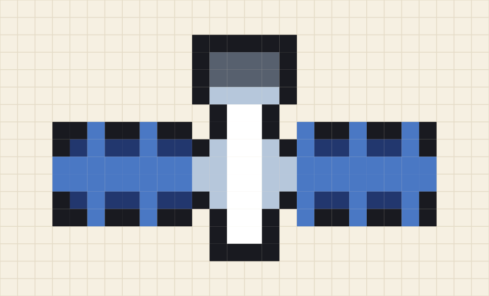 Pixel art chart of a satellite with two navy solar panels ruled into cells, a silver body and a dish antenna above it