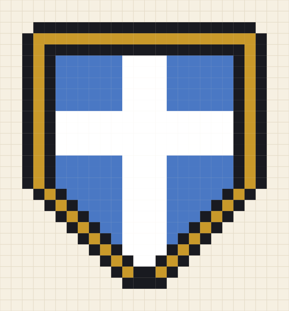 Pixel grid of a heater shield in blue with a gold rim and a white cross emblem