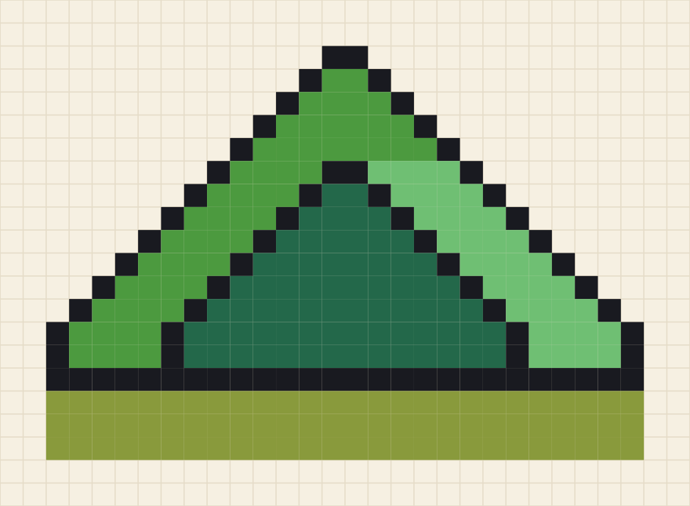 Pixel grid of a ridge tent in two greens with a dark triangular door opening
