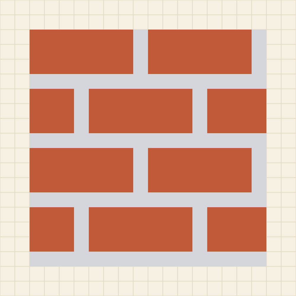 Seamless pixel art brick wall tile with terracotta bricks seven squares wide in pearl grey mortar, offset every course