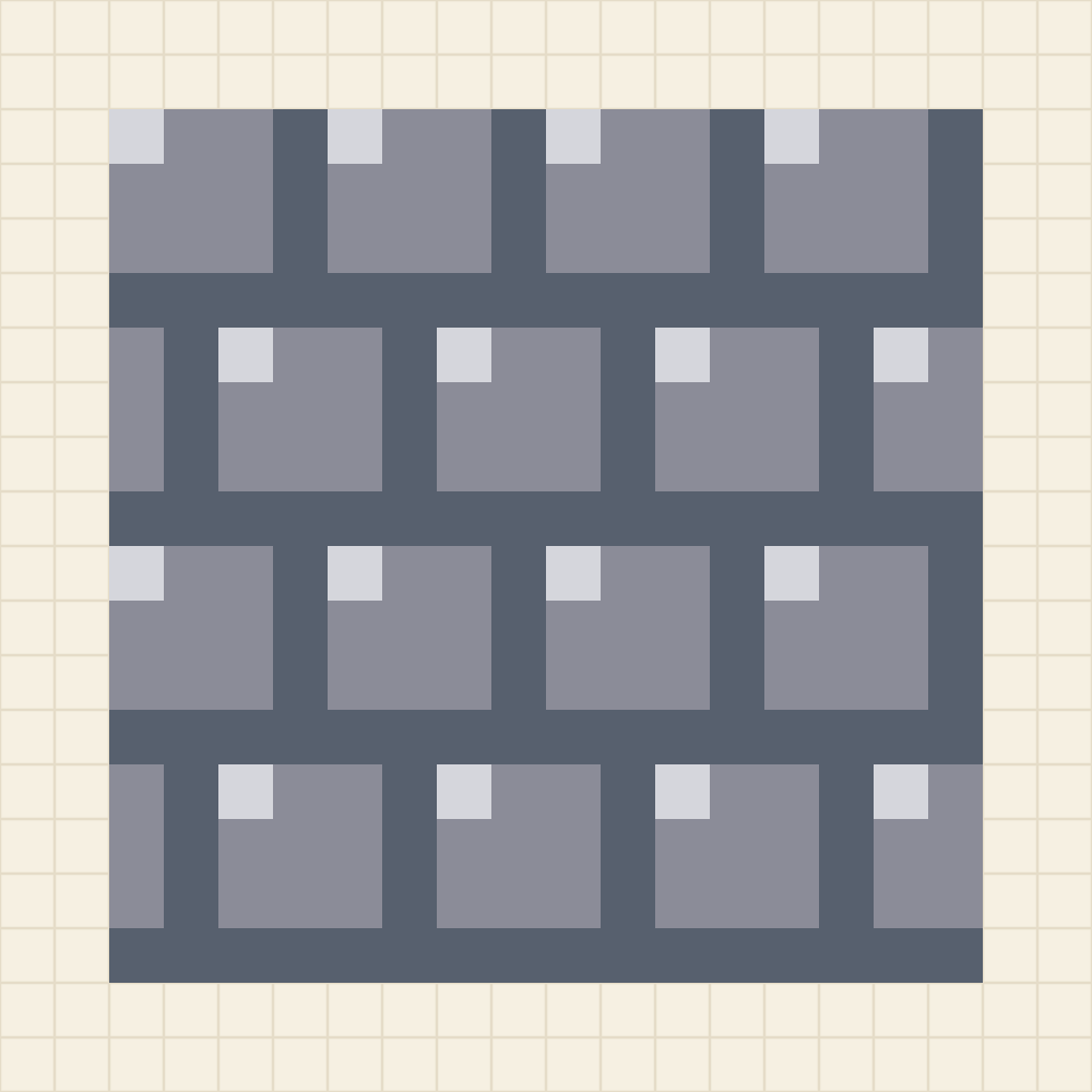 Seamless pixel art cobblestone tile with three square grey stones bedded in slate mortar and offset on alternate rows