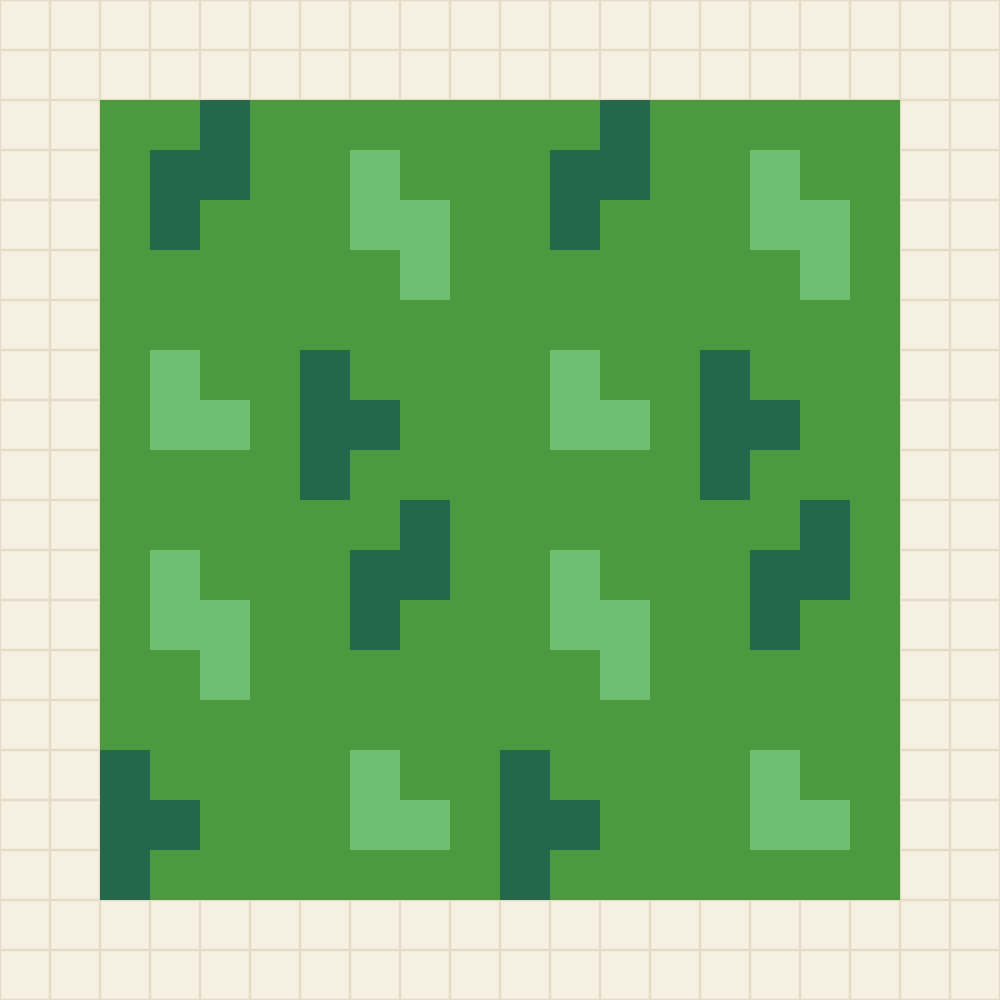 Seamless pixel art grass tile with leaf green ground and short pine and fern blades scattered at two offsets