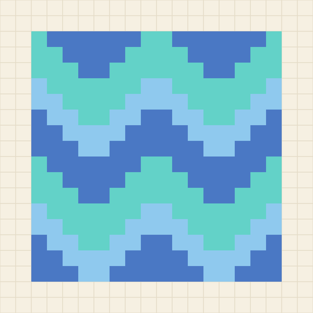 Seamless pixel art water tile with aqua crests, sky blue slopes and cornflower troughs in a wave that repeats every eight squares