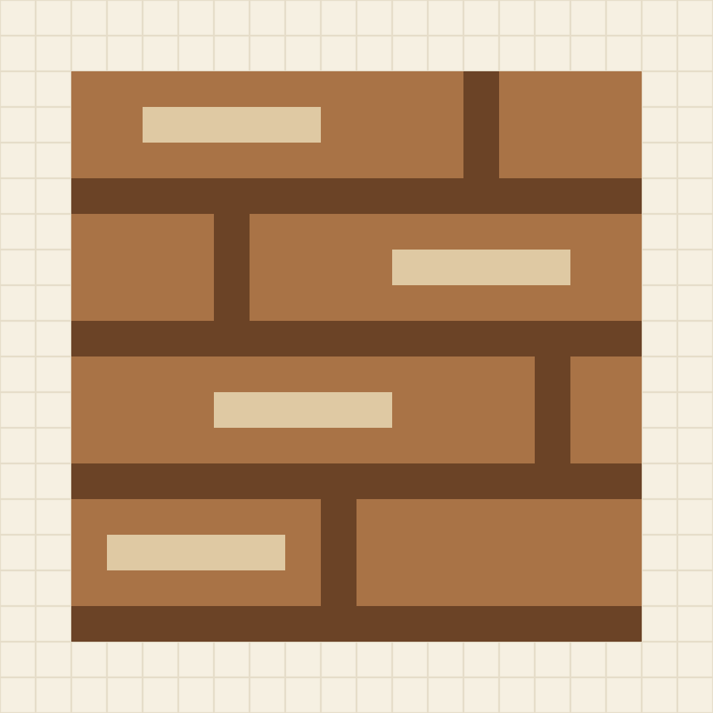 Seamless pixel art wood tile with four toffee planks, staggered chocolate butt joints and sand coloured grain streaks