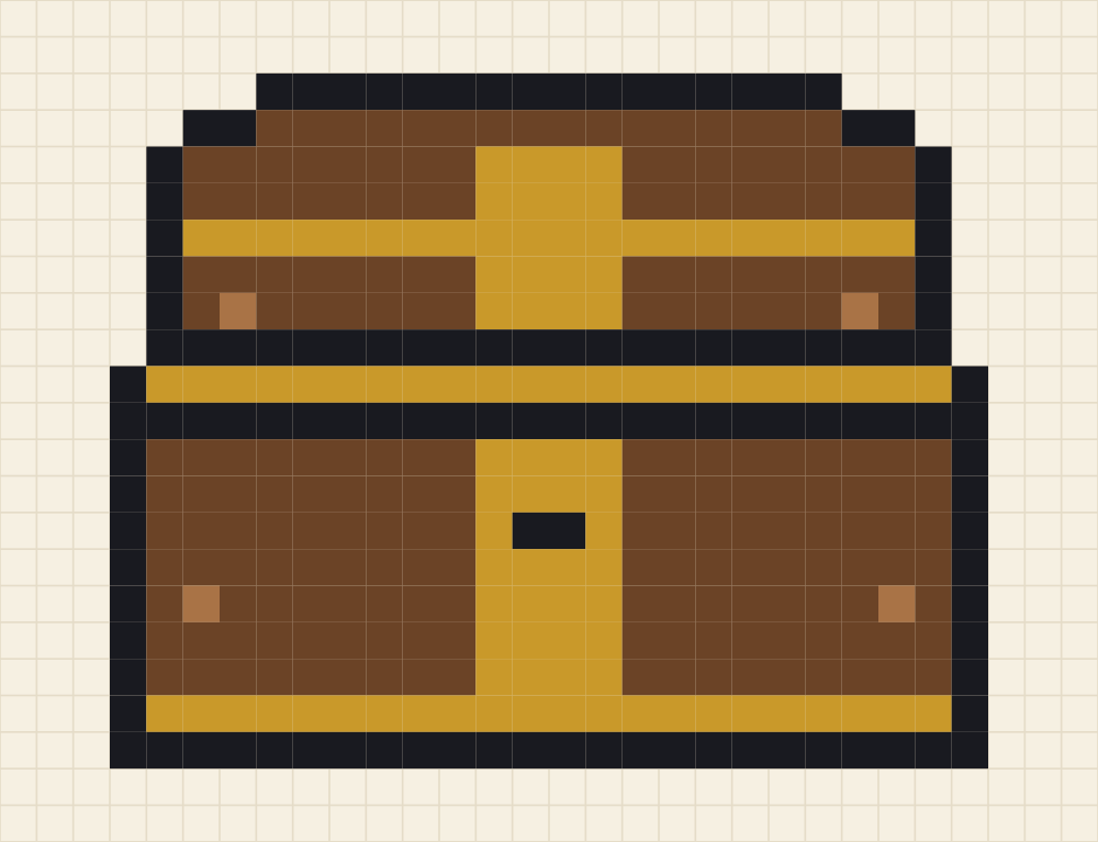 Pixel grid of a closed wooden treasure chest with gold straps and a small keyhole
