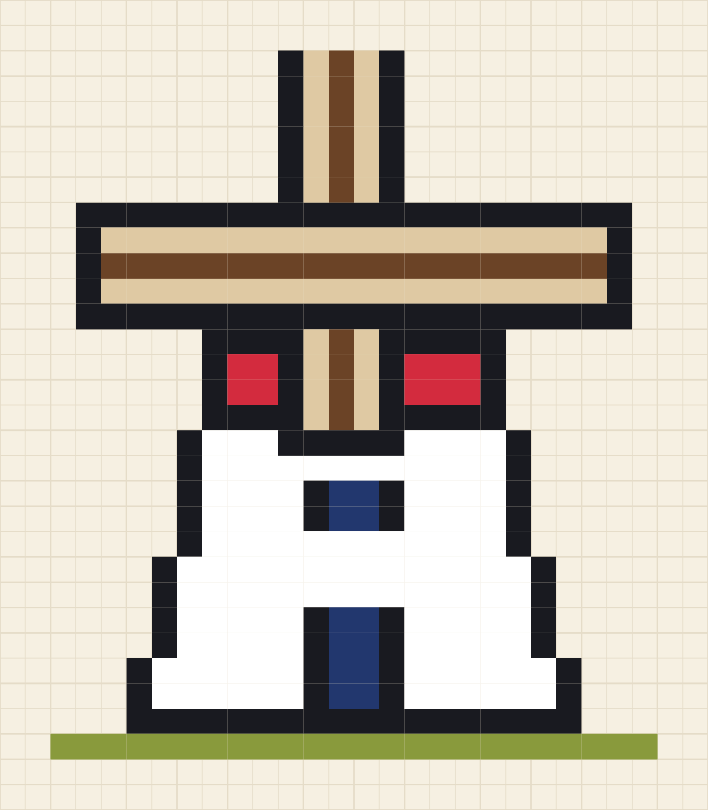 Pixel grid of a windmill tower with a red cap and four sails set in an upright cross
